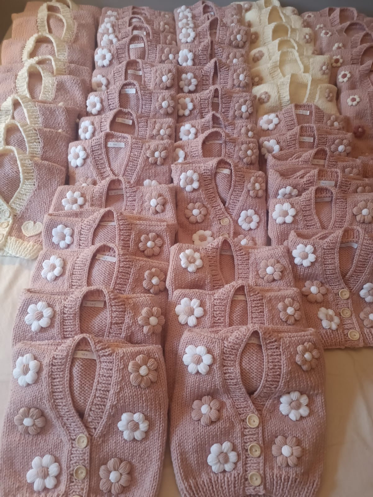 Handmade pink cardigan with pink and white flowers (IN STOCK)