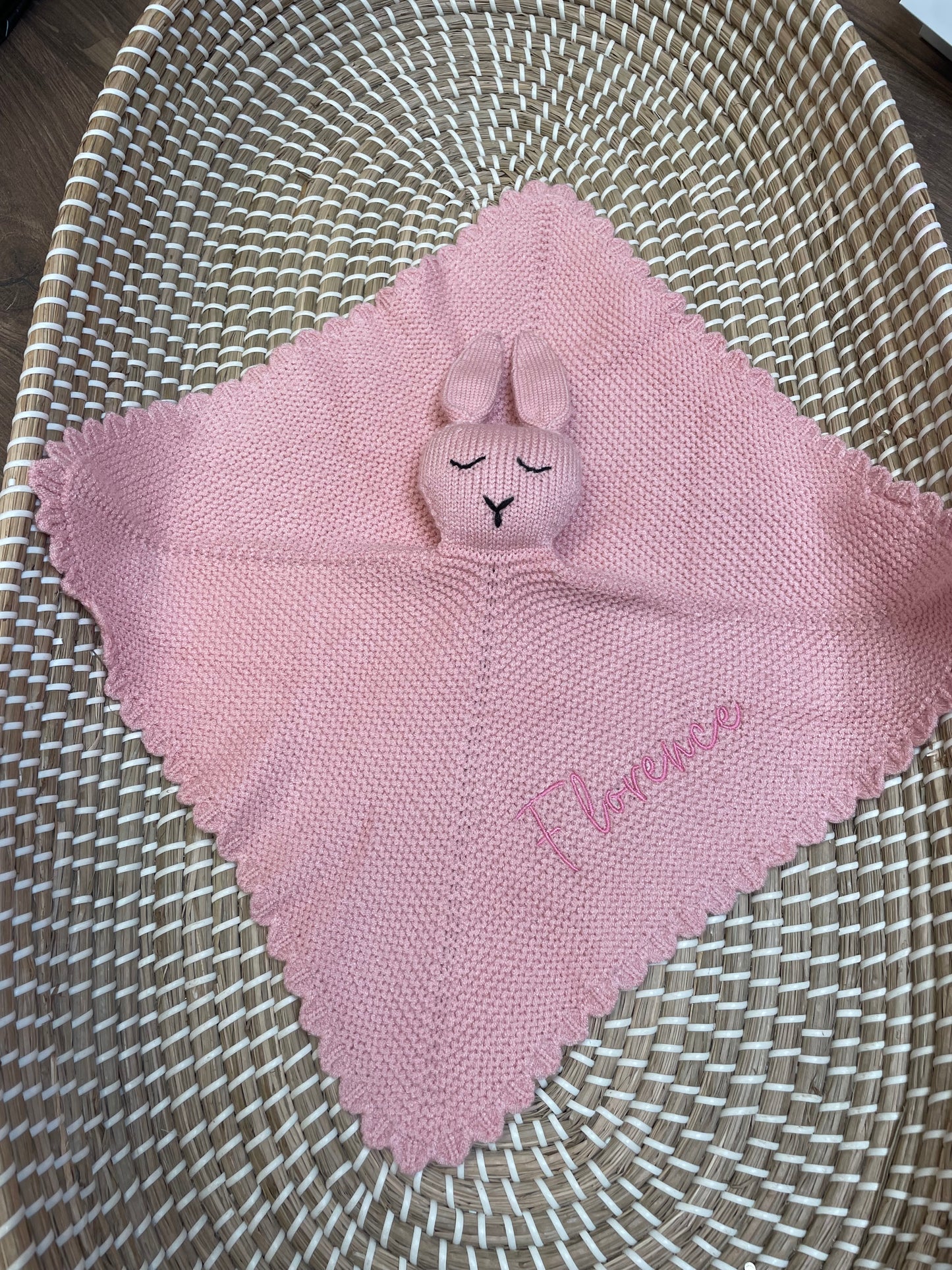 Personalised knitted bunny comforter