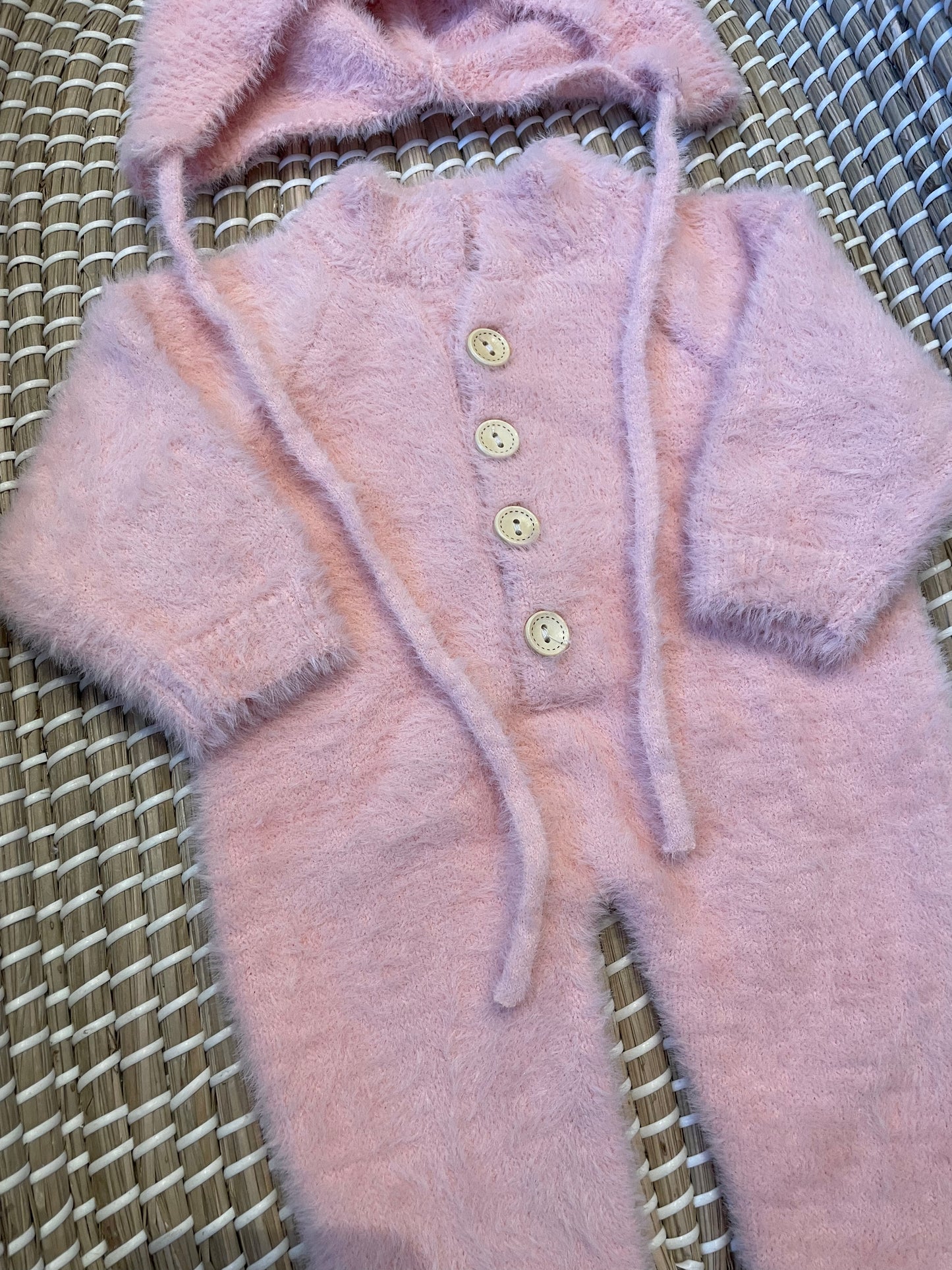 Pink fluffy onesie with matching hat