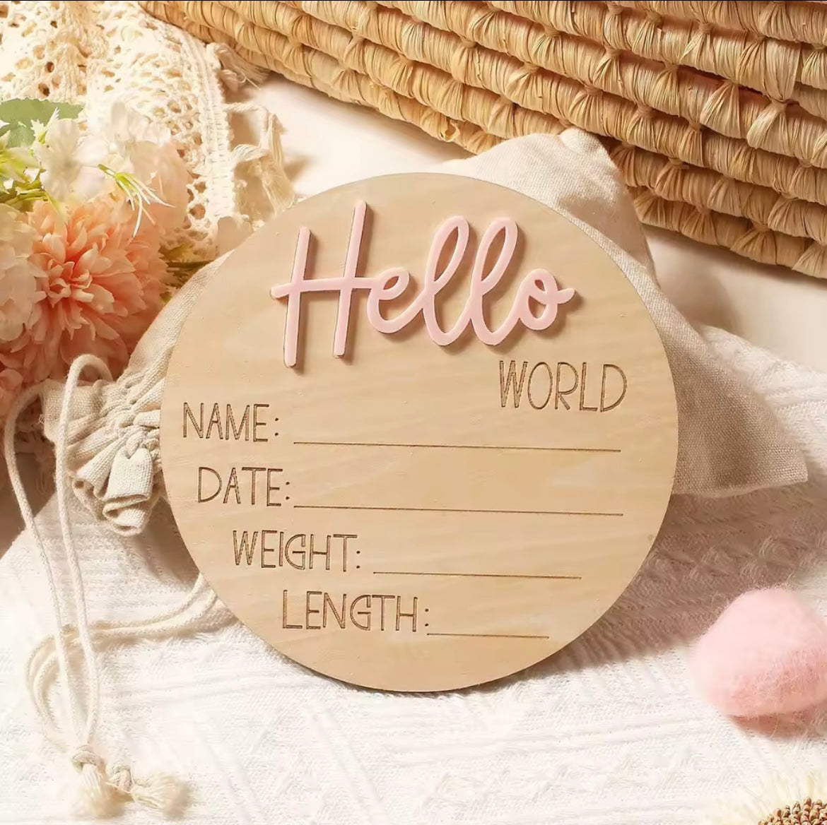 Hello World wooden announcement disc