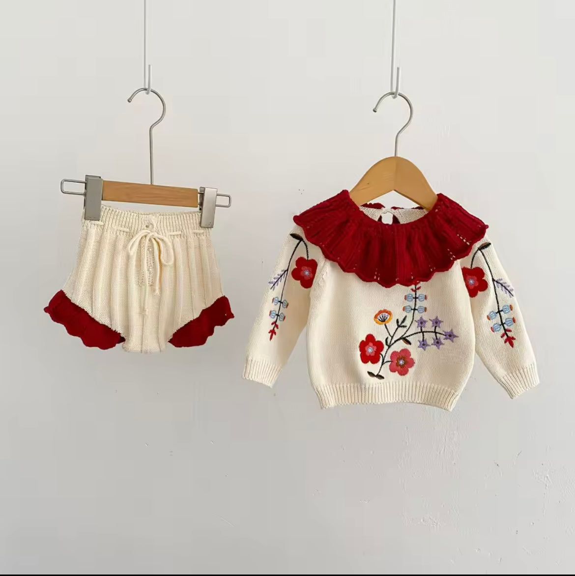 Red floral knitted set