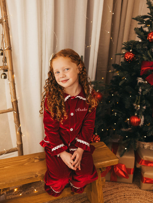 Personalised luxury red velvet girls pyjamas