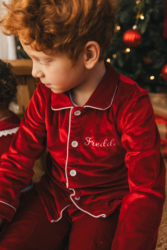 Personalised luxury red velvet boys pyjamas