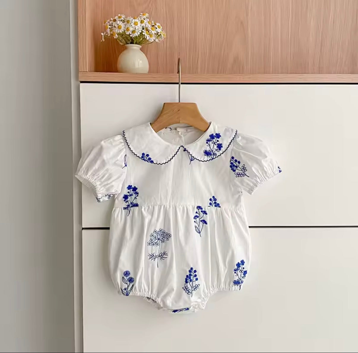 Blue and white baby romper