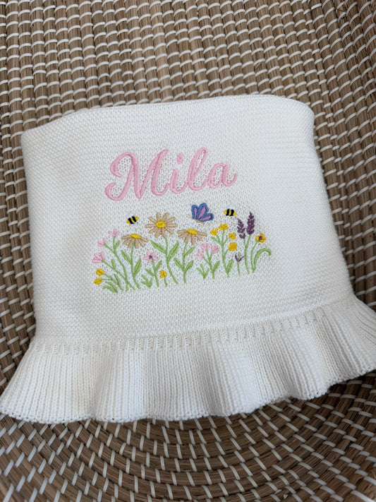 Personalised knitted frill blanket