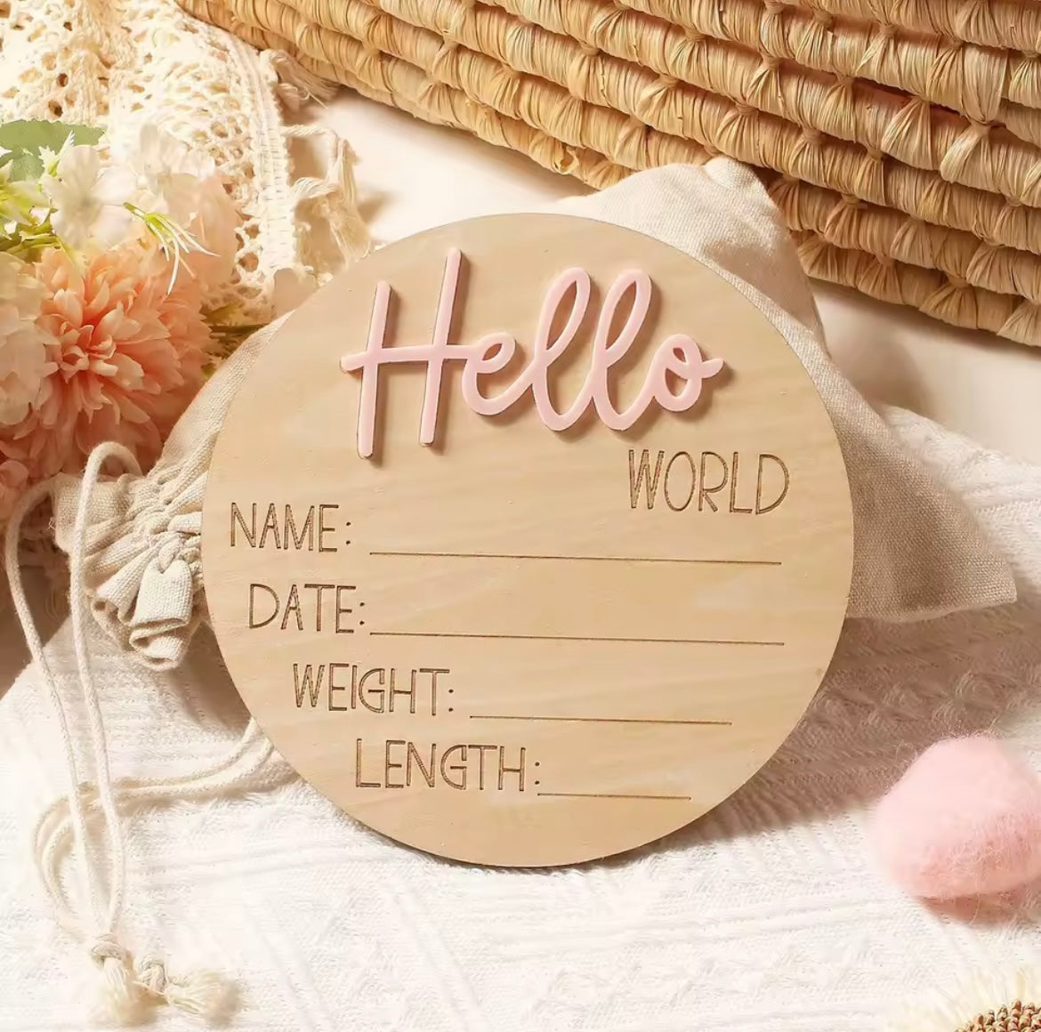 Hello World wooden announcement disc