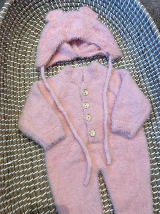 Pink fluffy onesie with matching hat