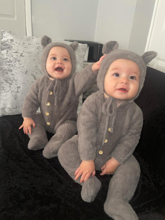 Grey fluffy onesie with matching hat
