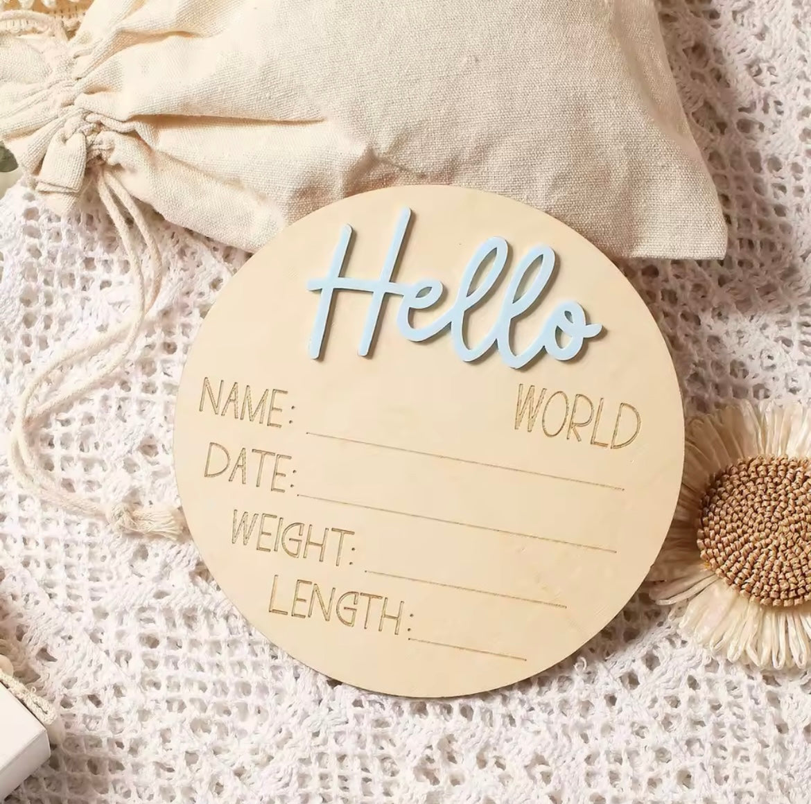 Hello World wooden announcement disc