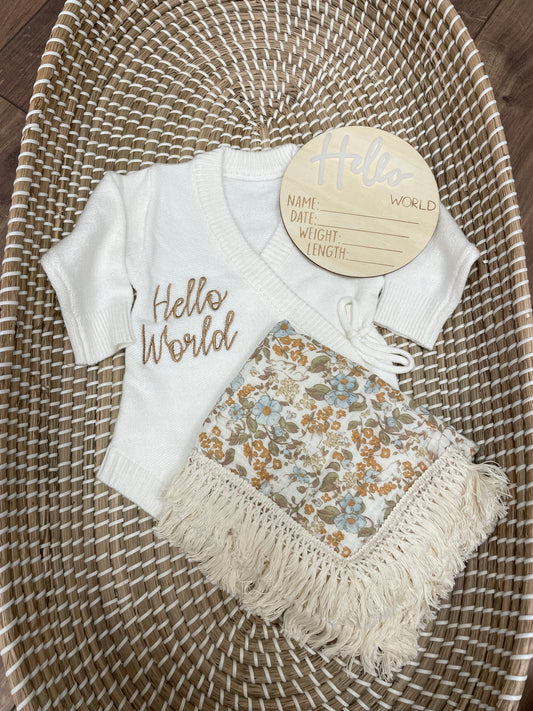 Hello World wooden announcement disc