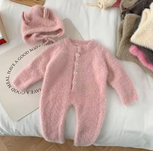 New born fluffy onesie with matching hat
