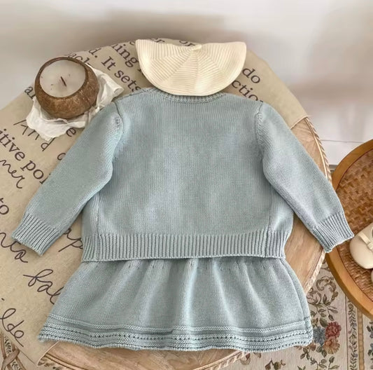 Blue floral knitted dress and cardigan set