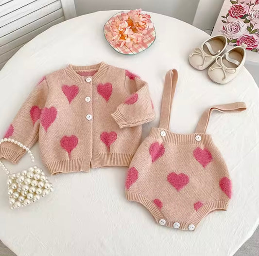 Pink Hearts romper and cardigan set