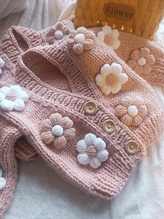 Handmade pink cardigan with pink and white flowers (IN STOCK)