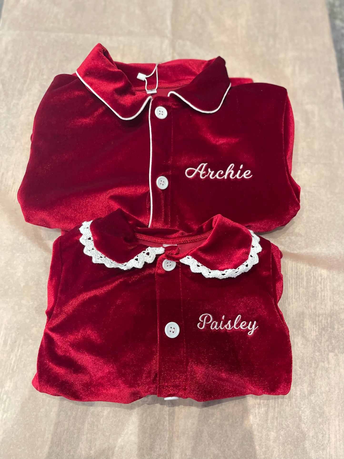 Personalised luxury red velvet boys pyjamas