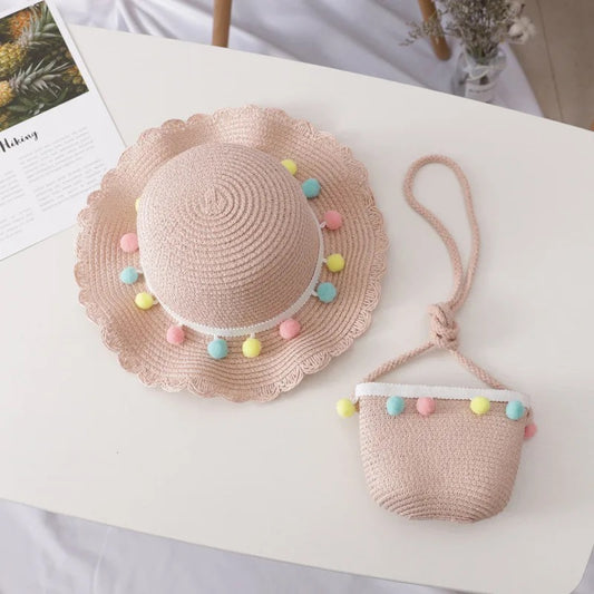 Pom pom straw hat and bag set