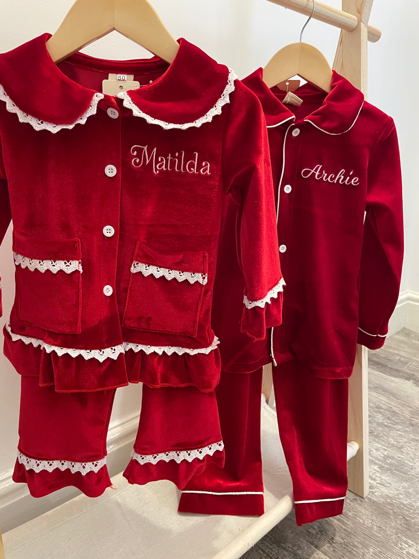 Personalised luxury red velvet boys pyjamas