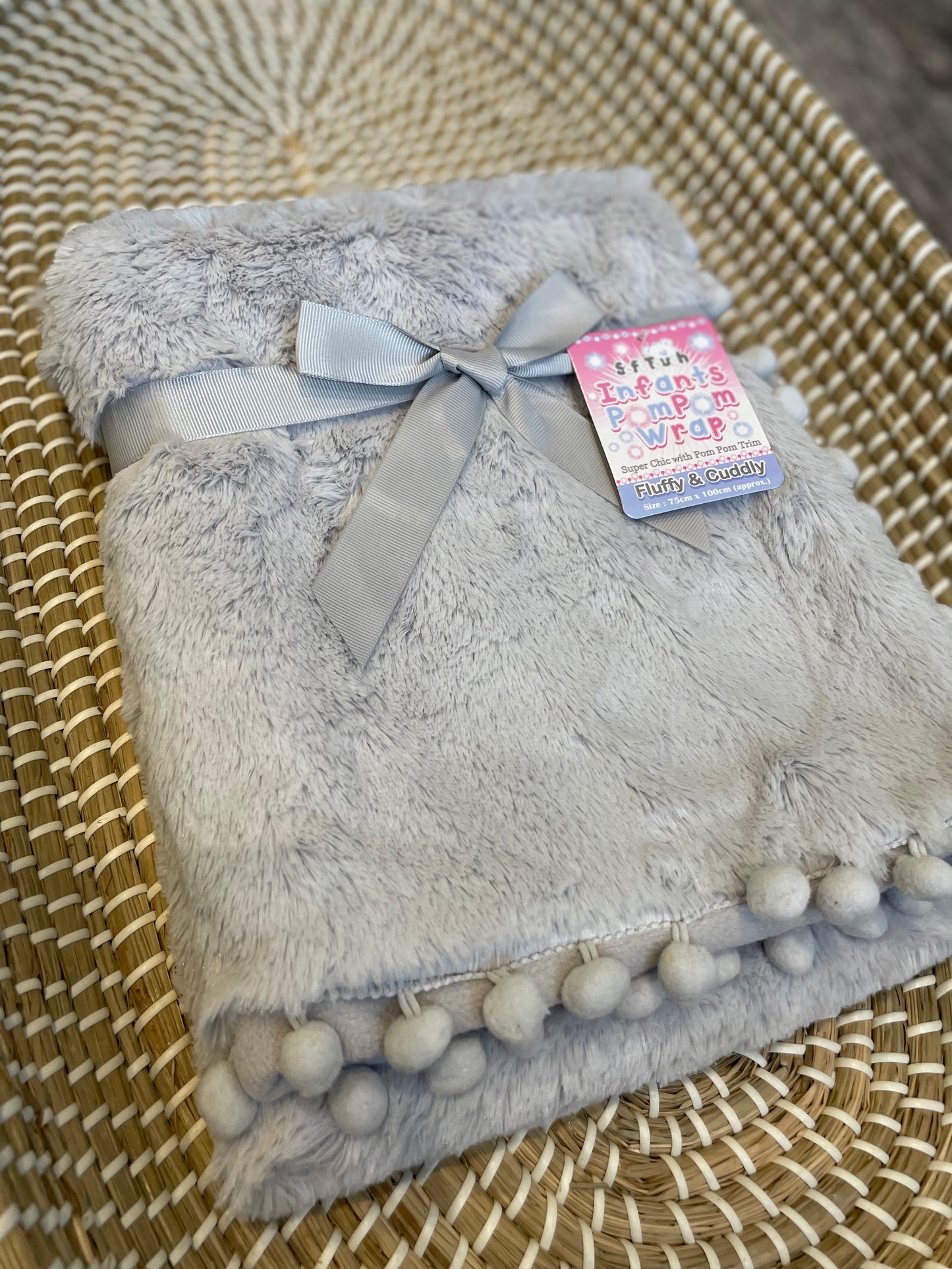 Personalised grey deluxe pom pom baby wrap blanket