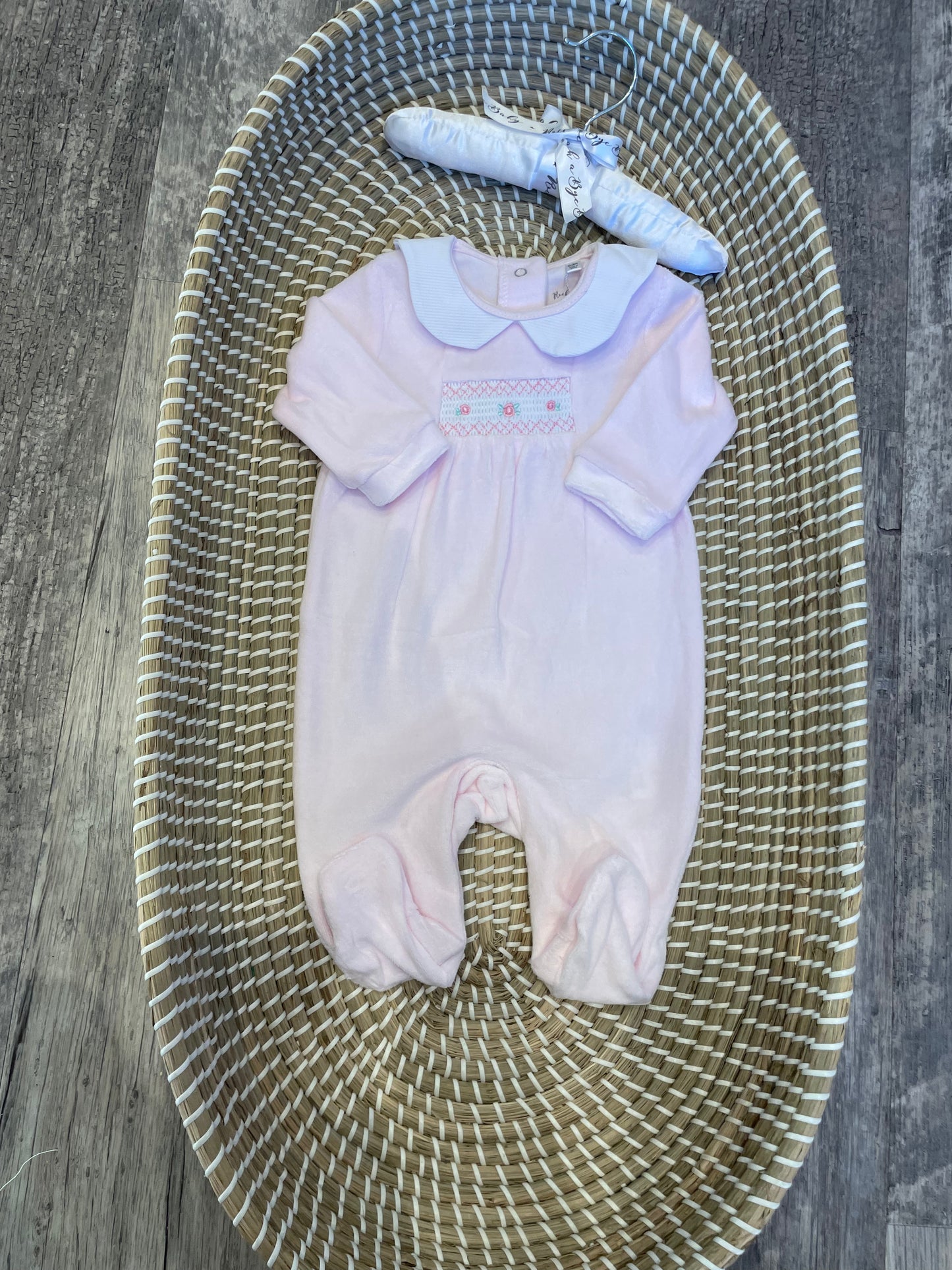 Smocked rose buds velour onesie - Pink