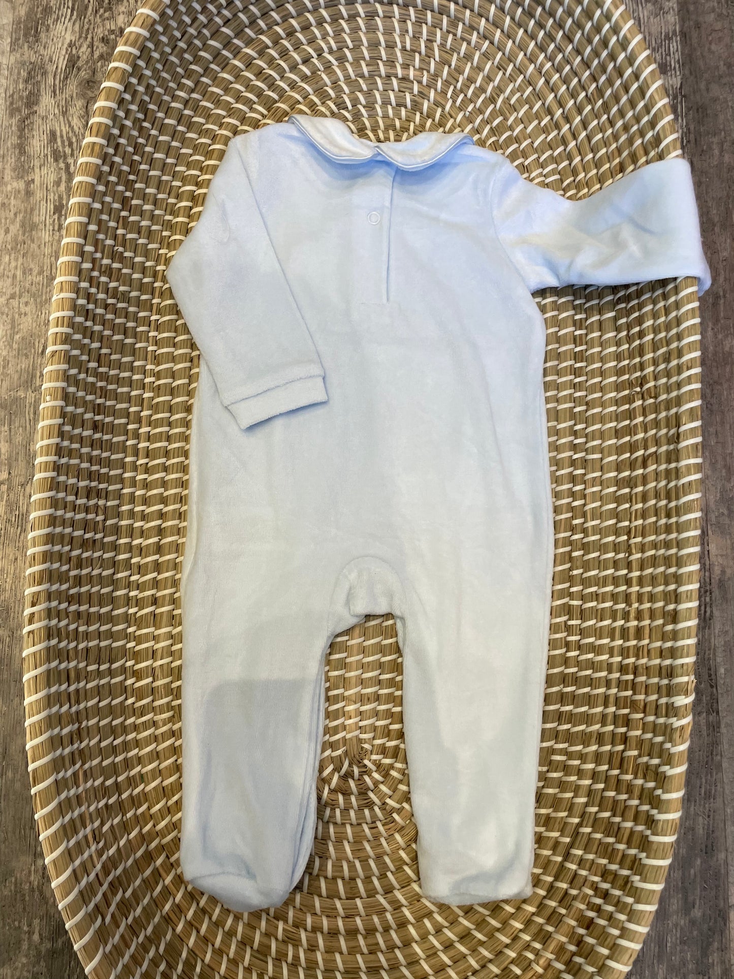 Smocked front velour onesie - blue