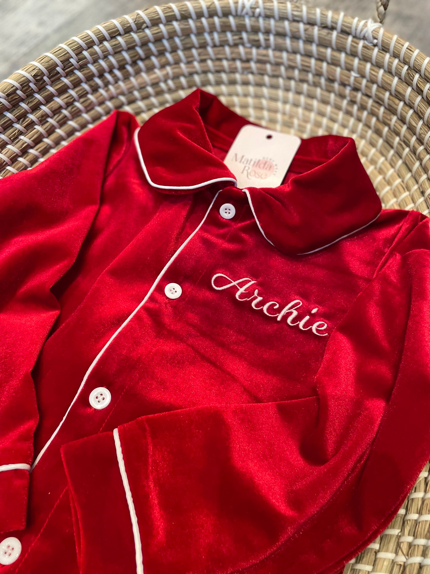 Personalised luxury red velvet boys pyjamas