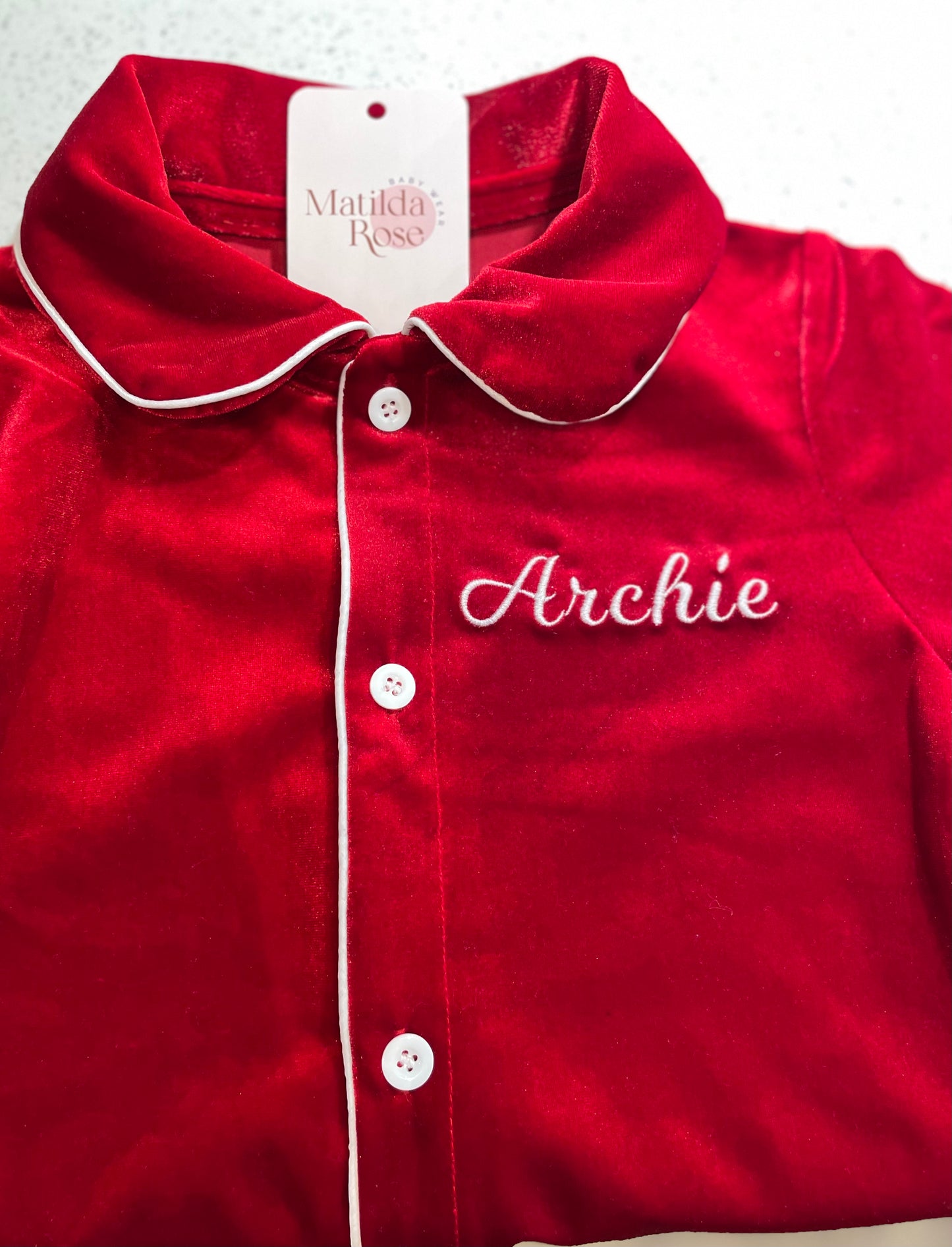 Personalised luxury red velvet boys pyjamas