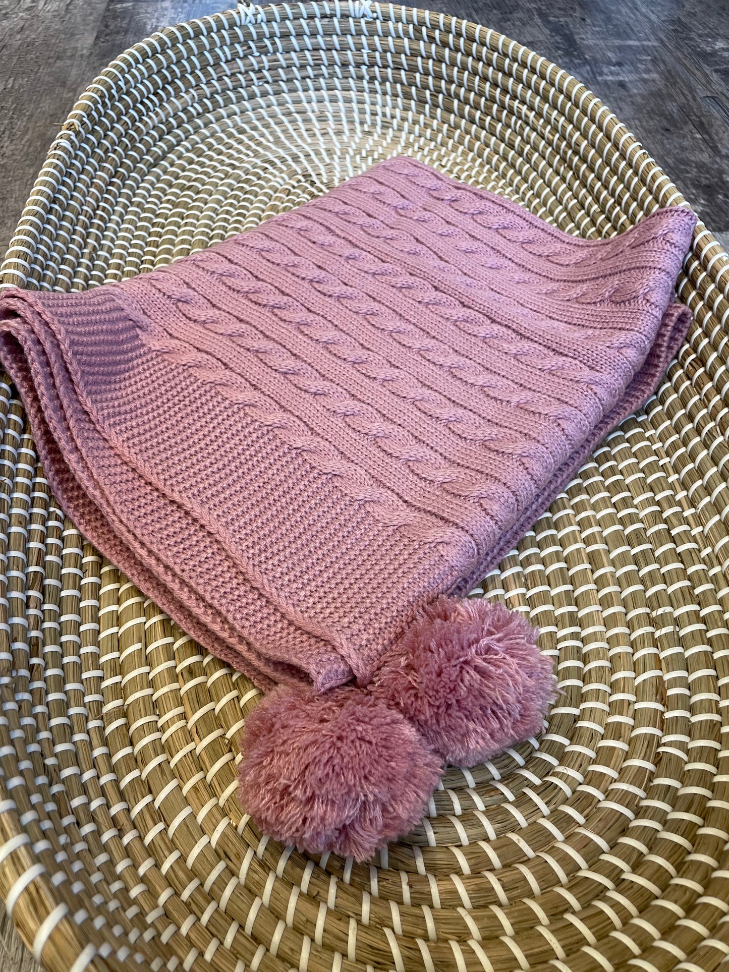 Personalised pink cable knit wrap blanket