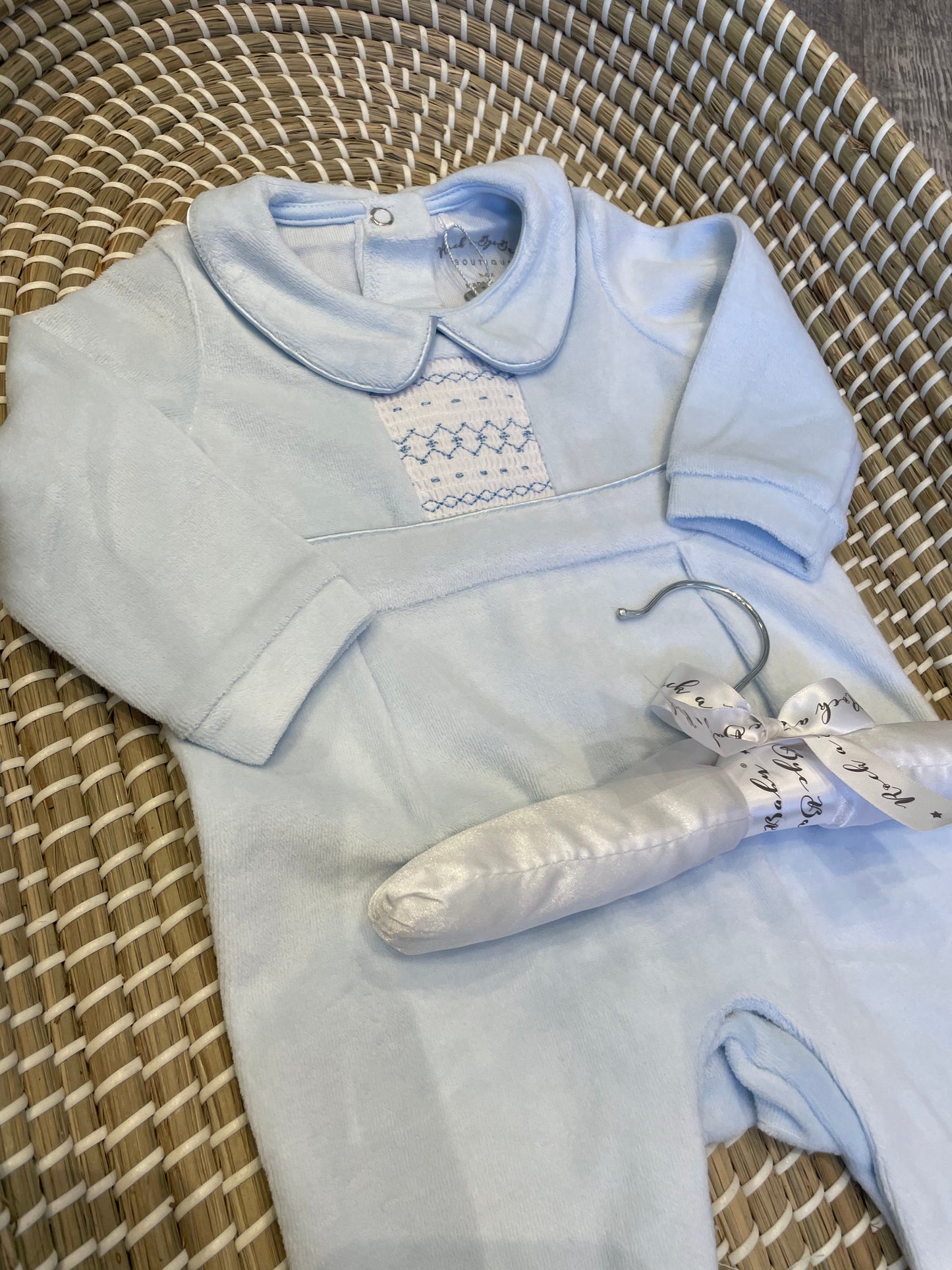 Smocked front velour onesie - blue