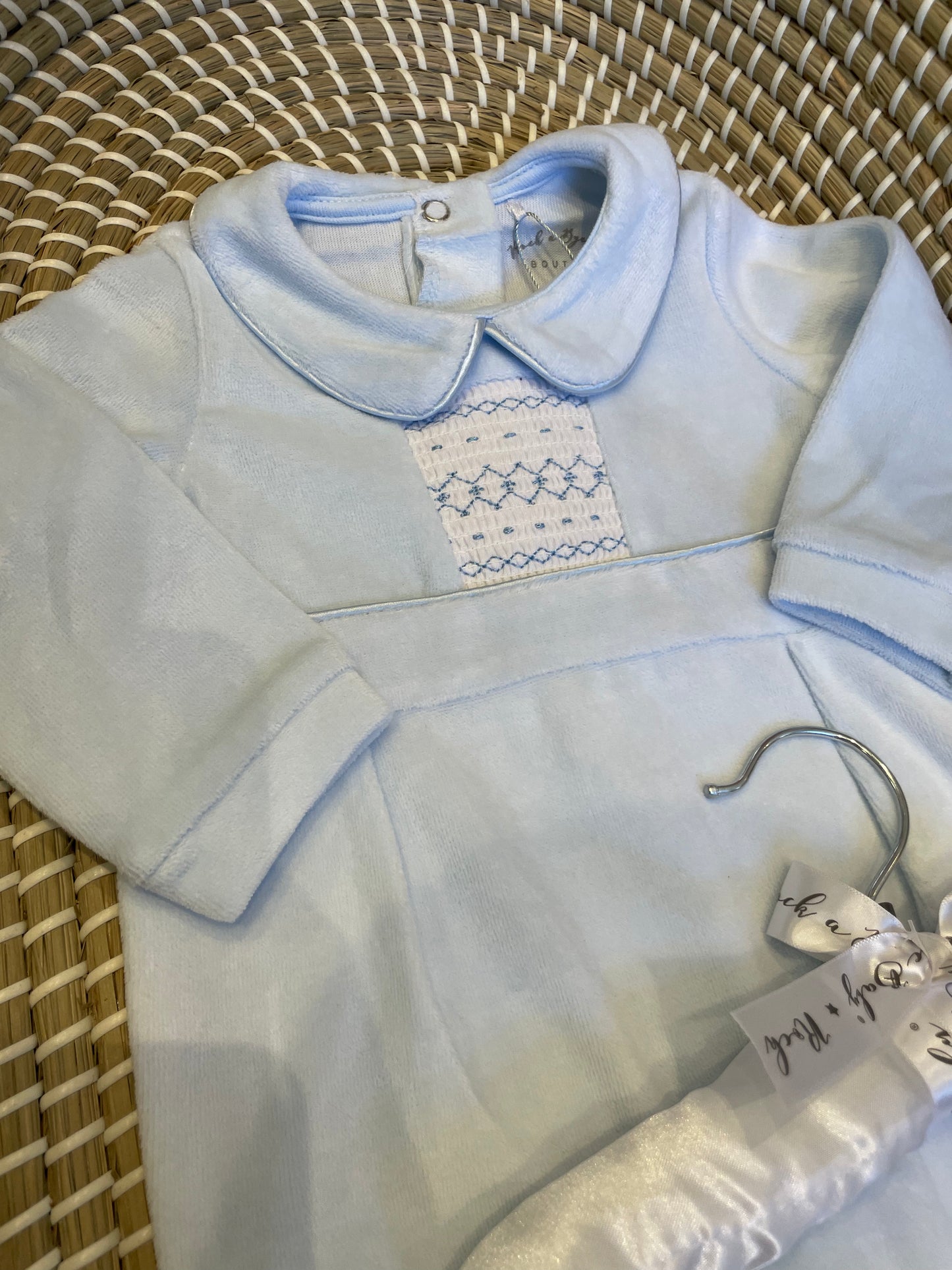Smocked front velour onesie - blue