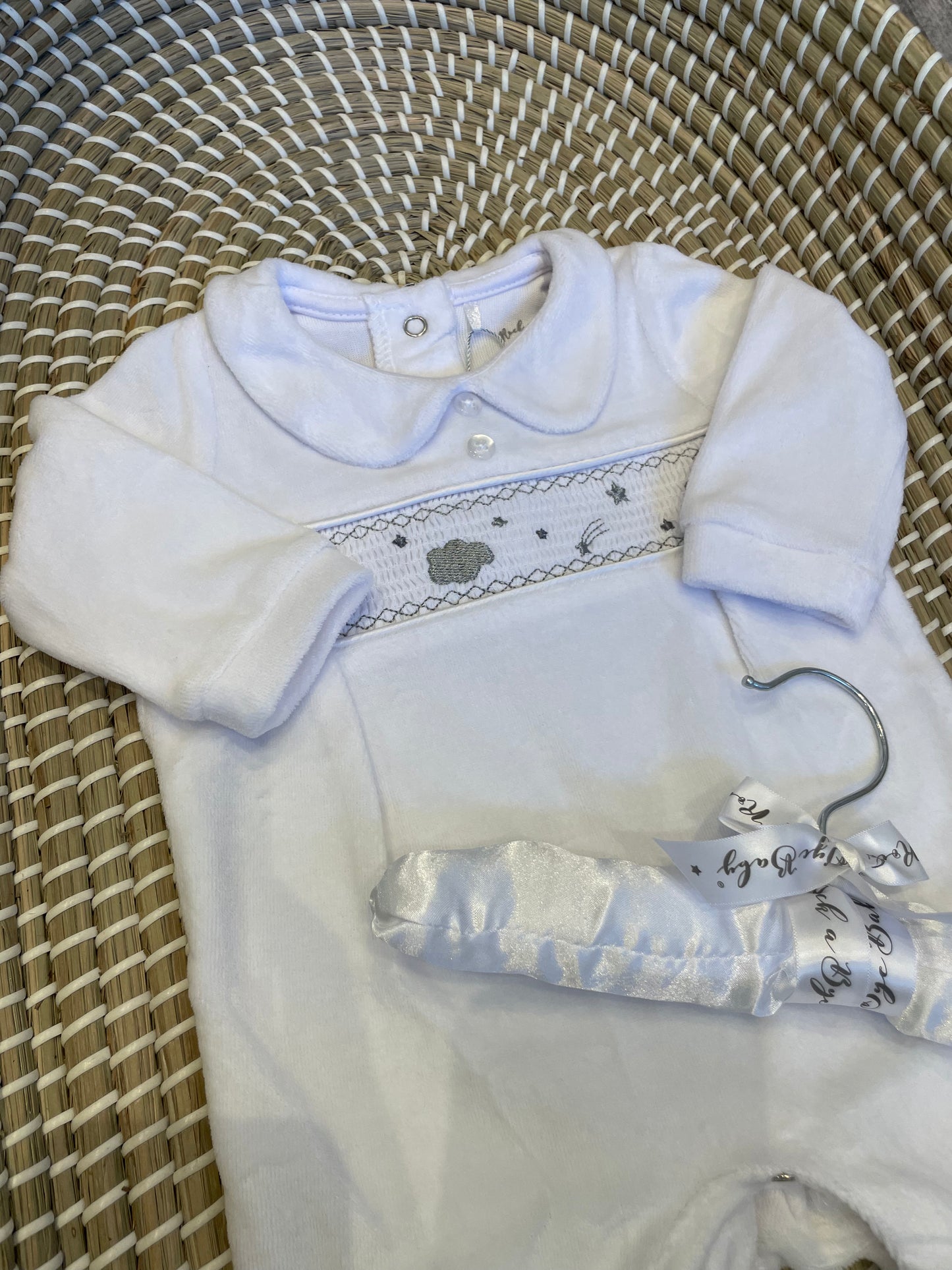 Smocked clouds & stars velour onesie - white