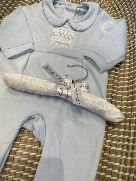 Smocked front velour onesie - blue
