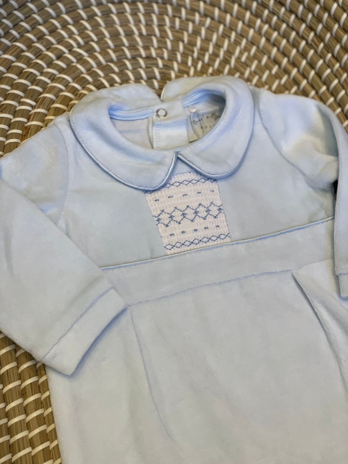Smocked front velour onesie - blue