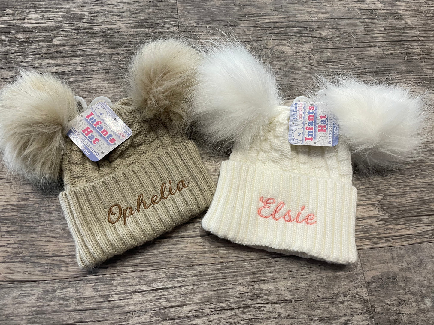 Personalised white fluffy double pom pom hat