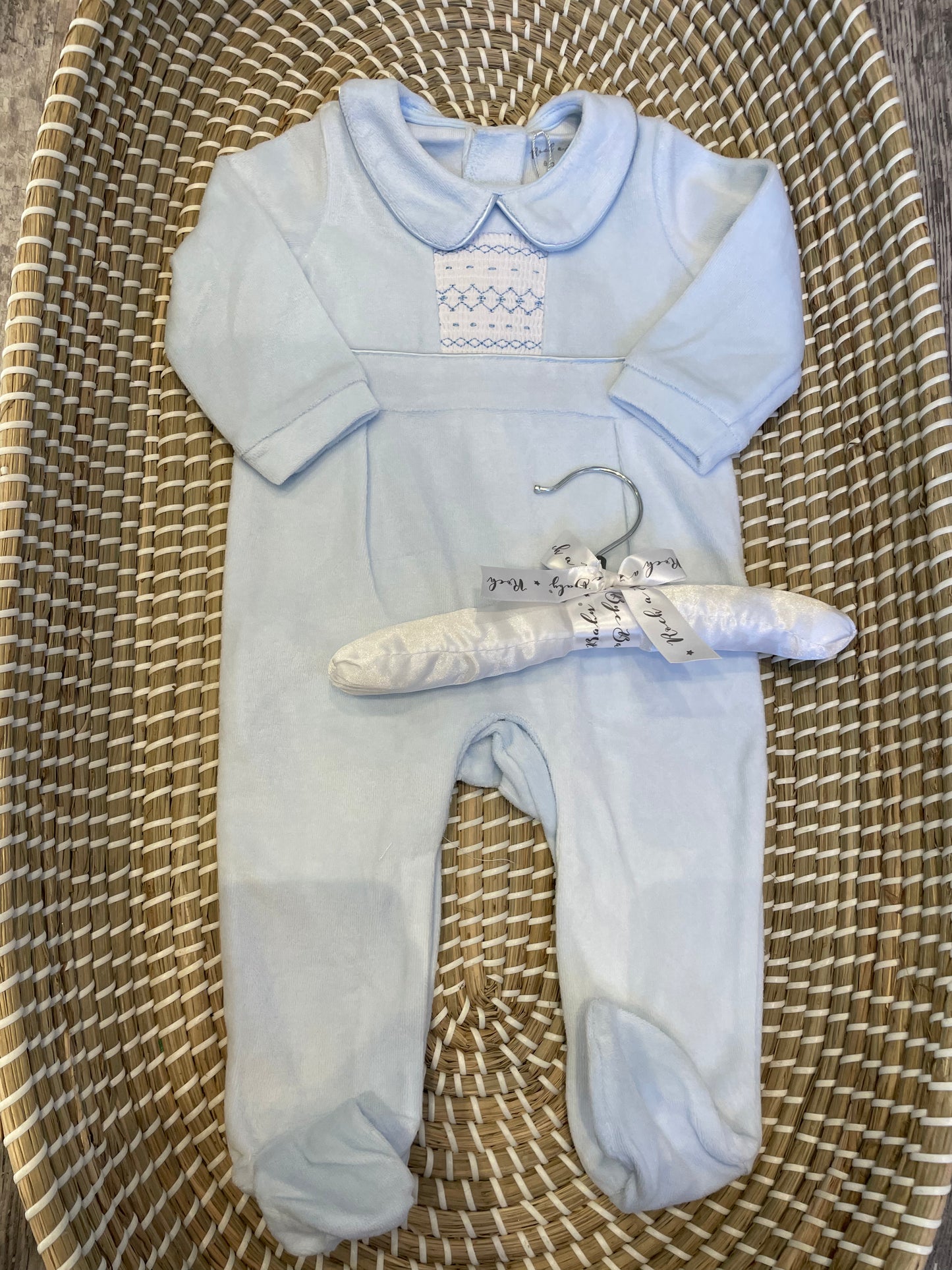 Smocked front velour onesie - blue