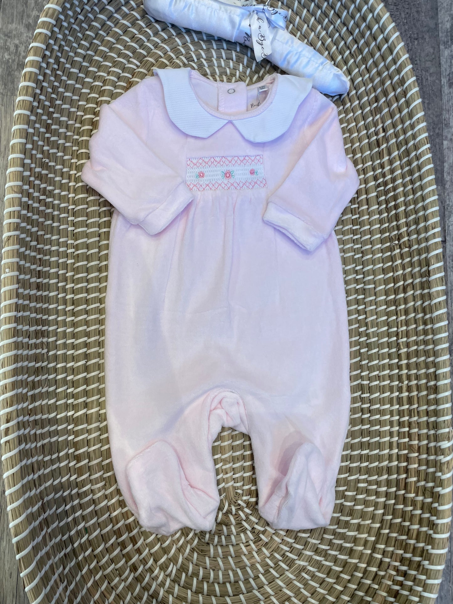 Smocked rose buds velour onesie - Pink