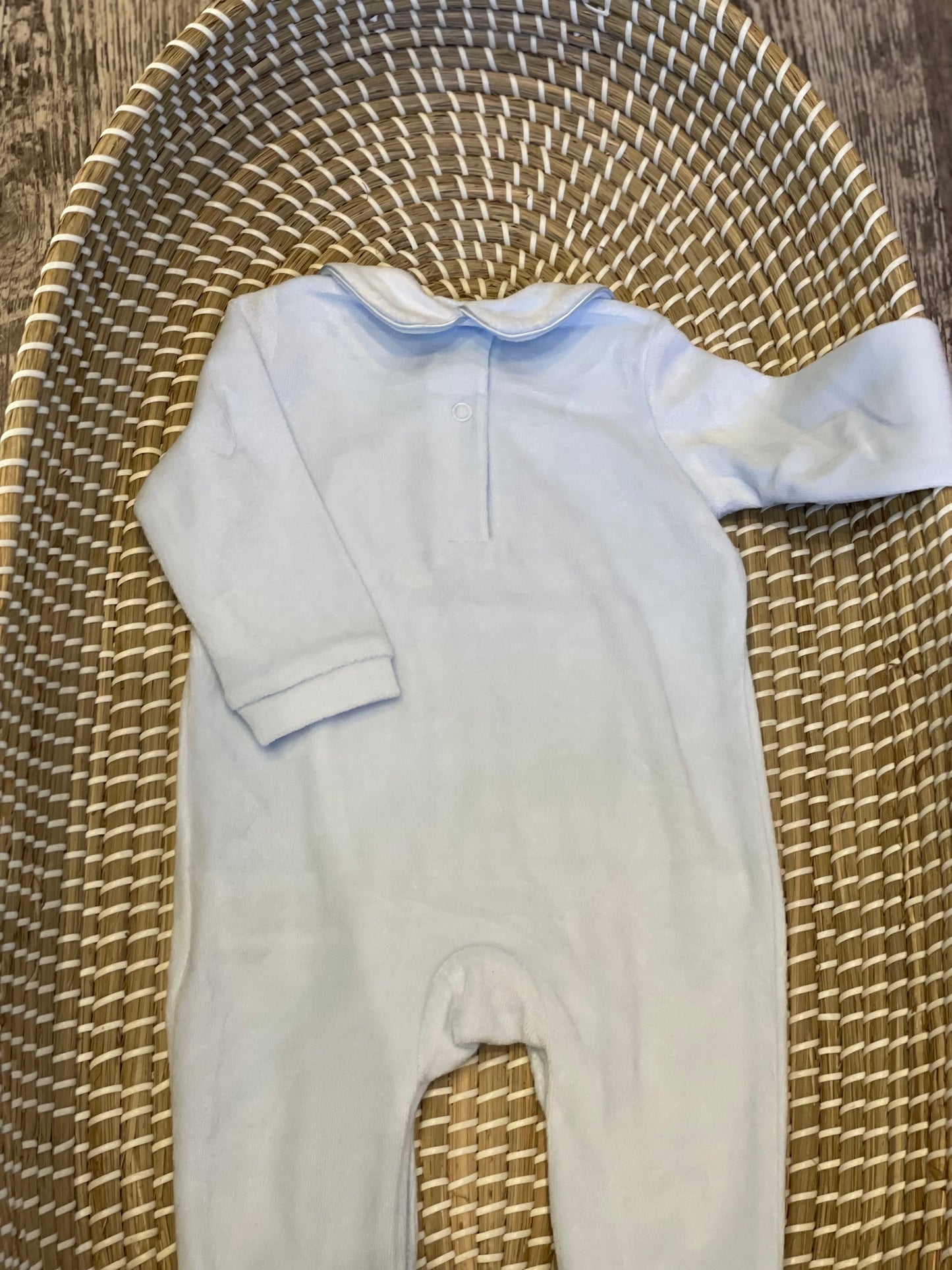 Smocked front velour onesie - blue