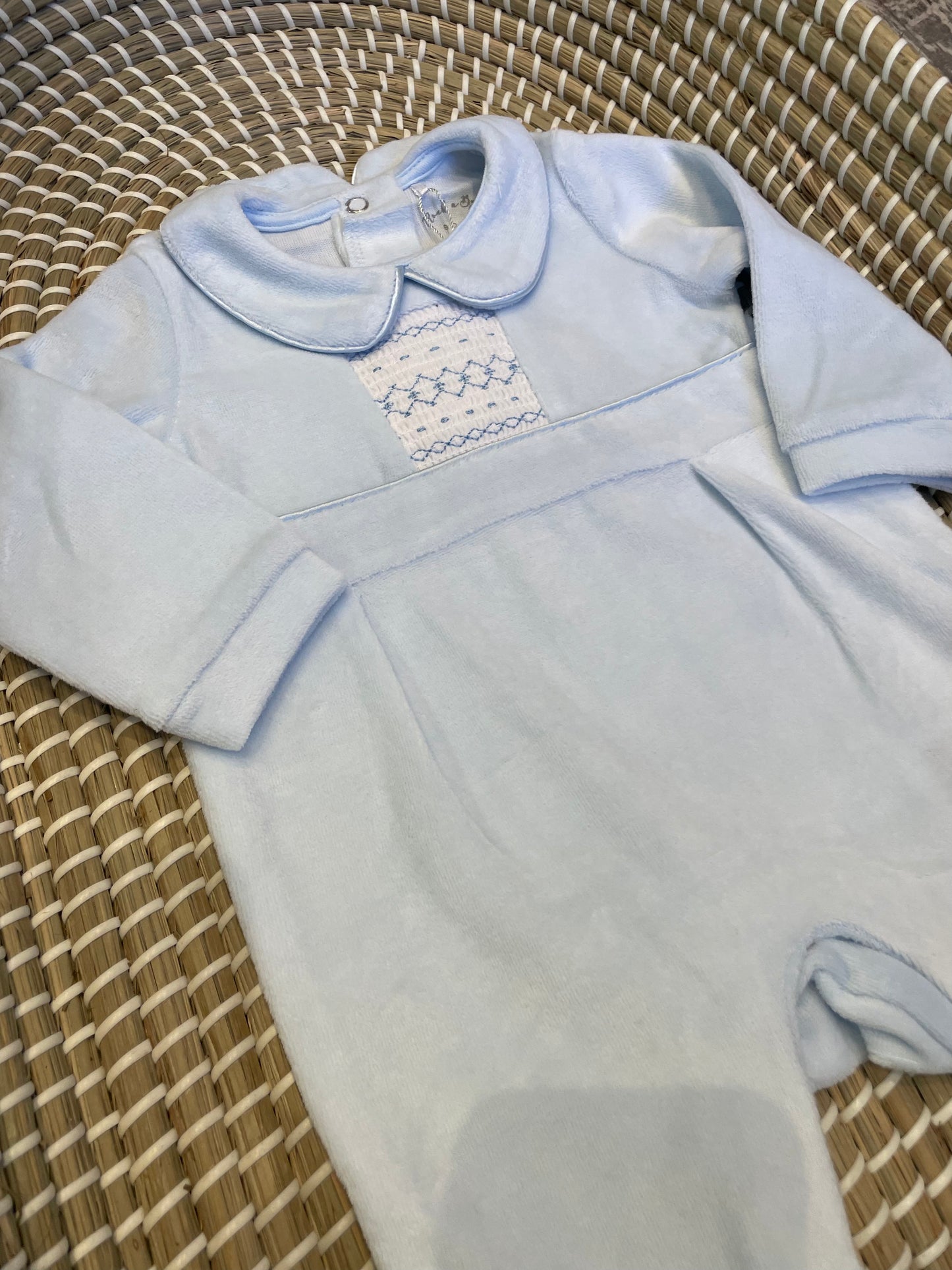Smocked front velour onesie - blue