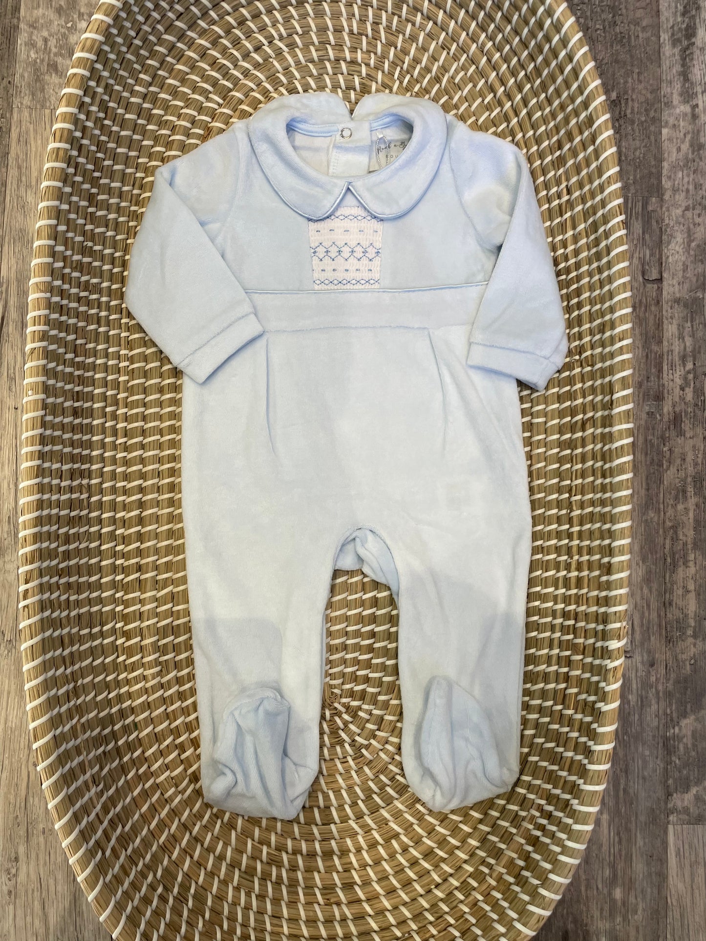 Smocked front velour onesie - blue
