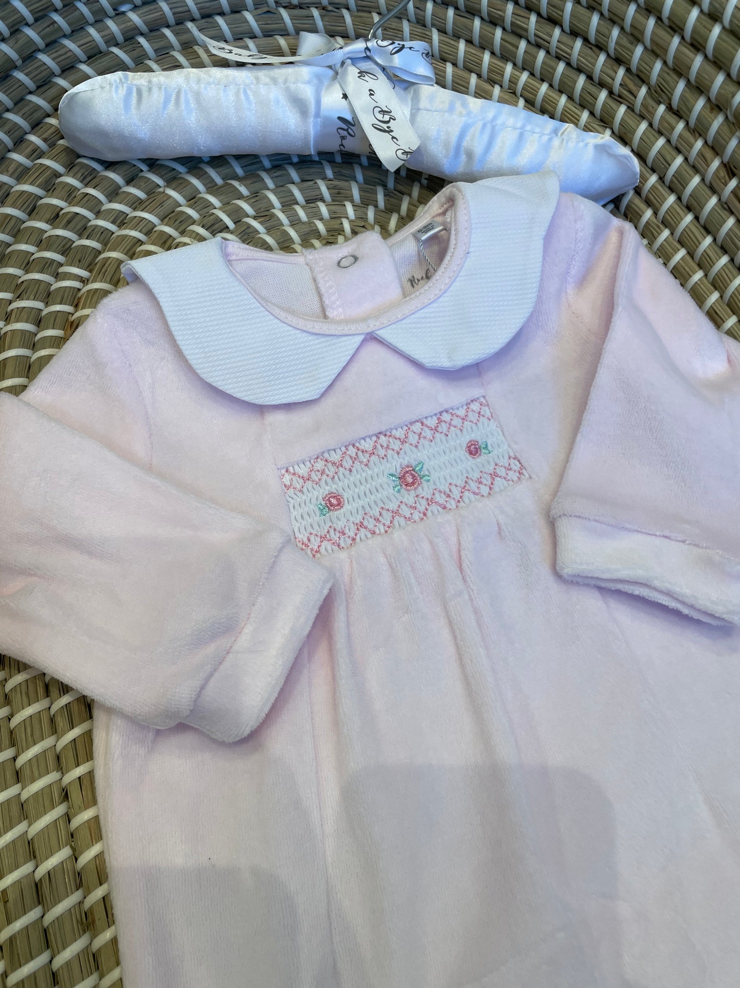 Smocked rose buds velour onesie - Pink