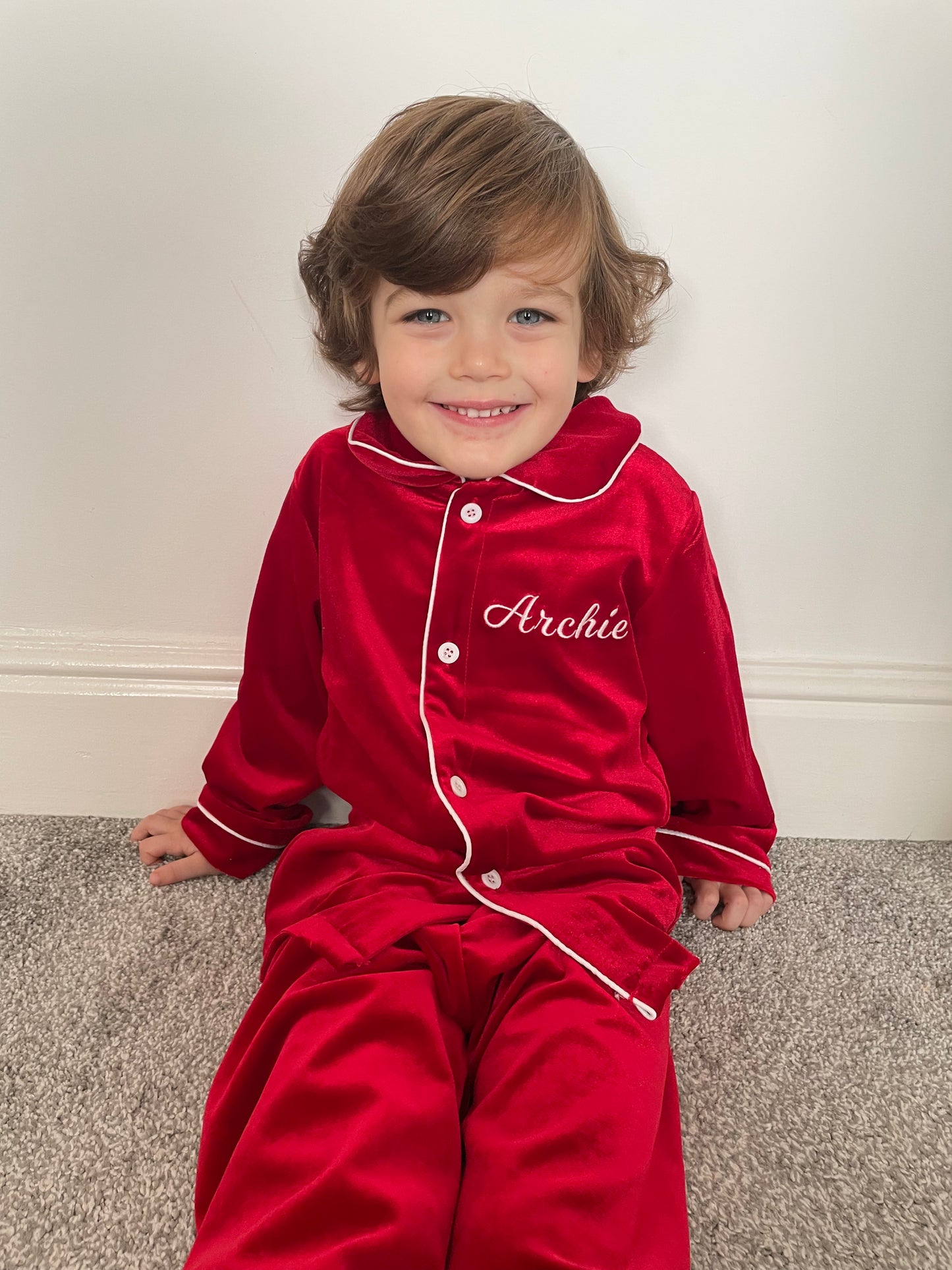 Personalised luxury red velvet boys pyjamas
