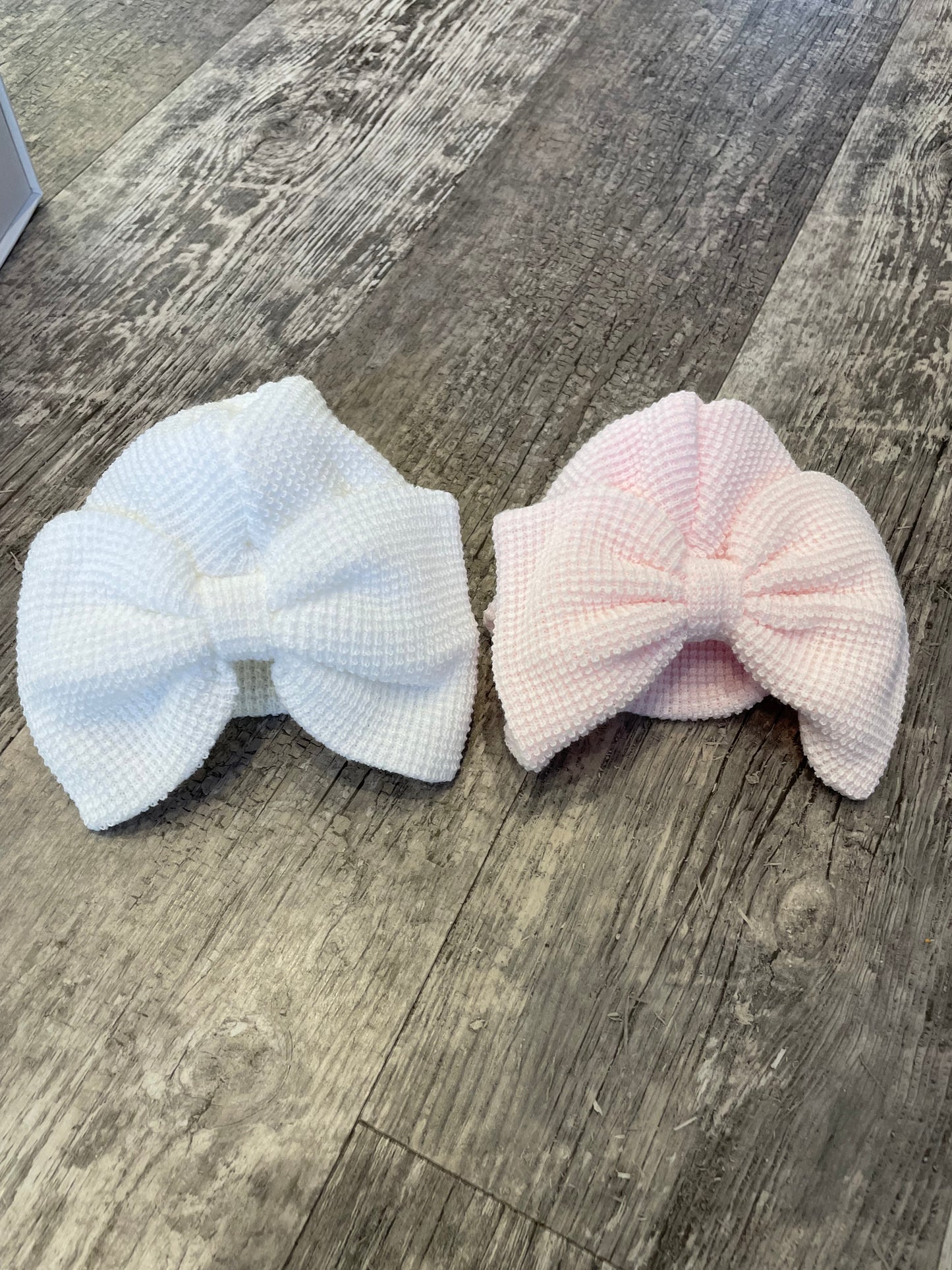 Waffle knitted turban with oversized bow