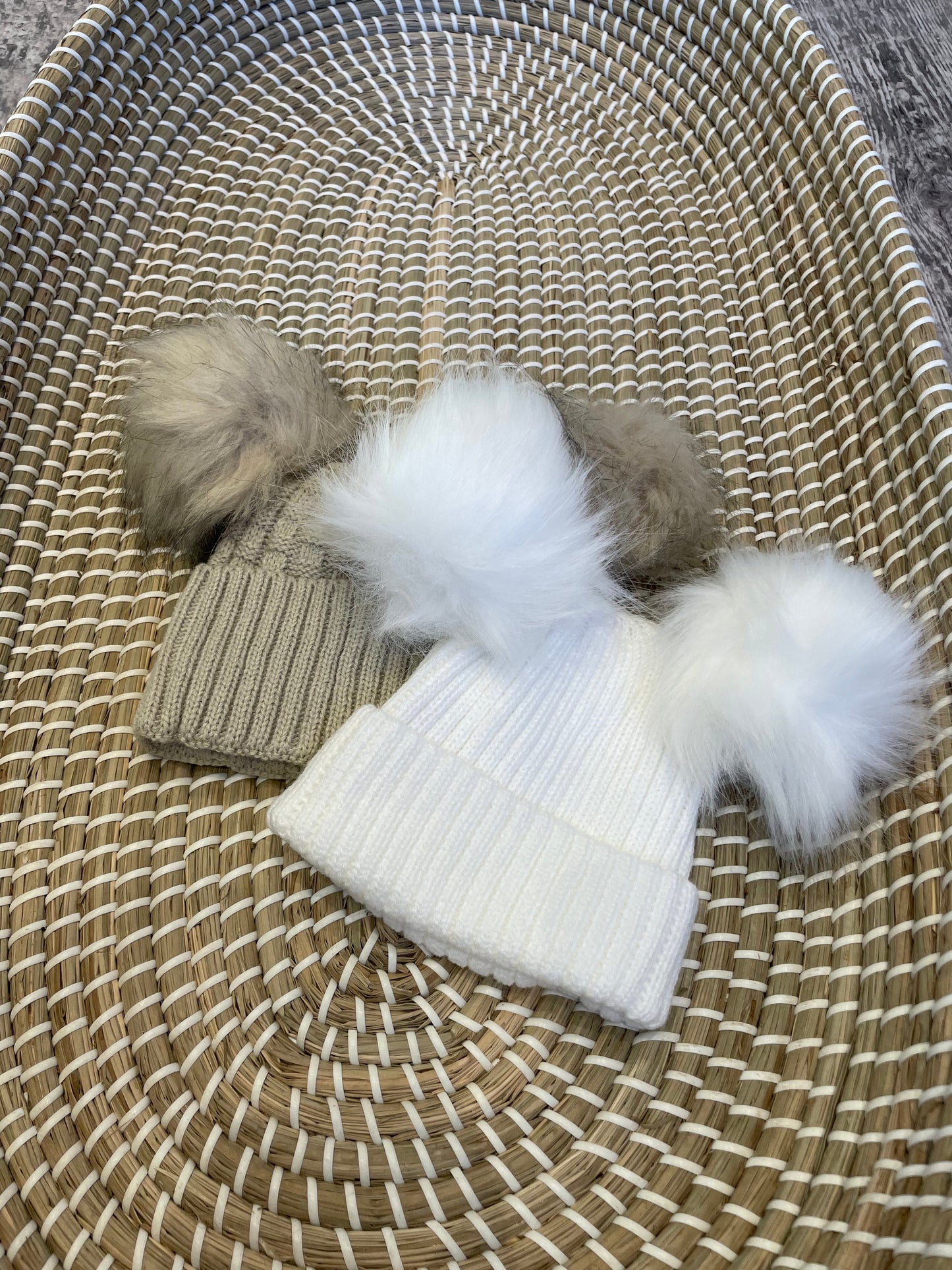 Personalised biscuit fluffy double pom pom hat