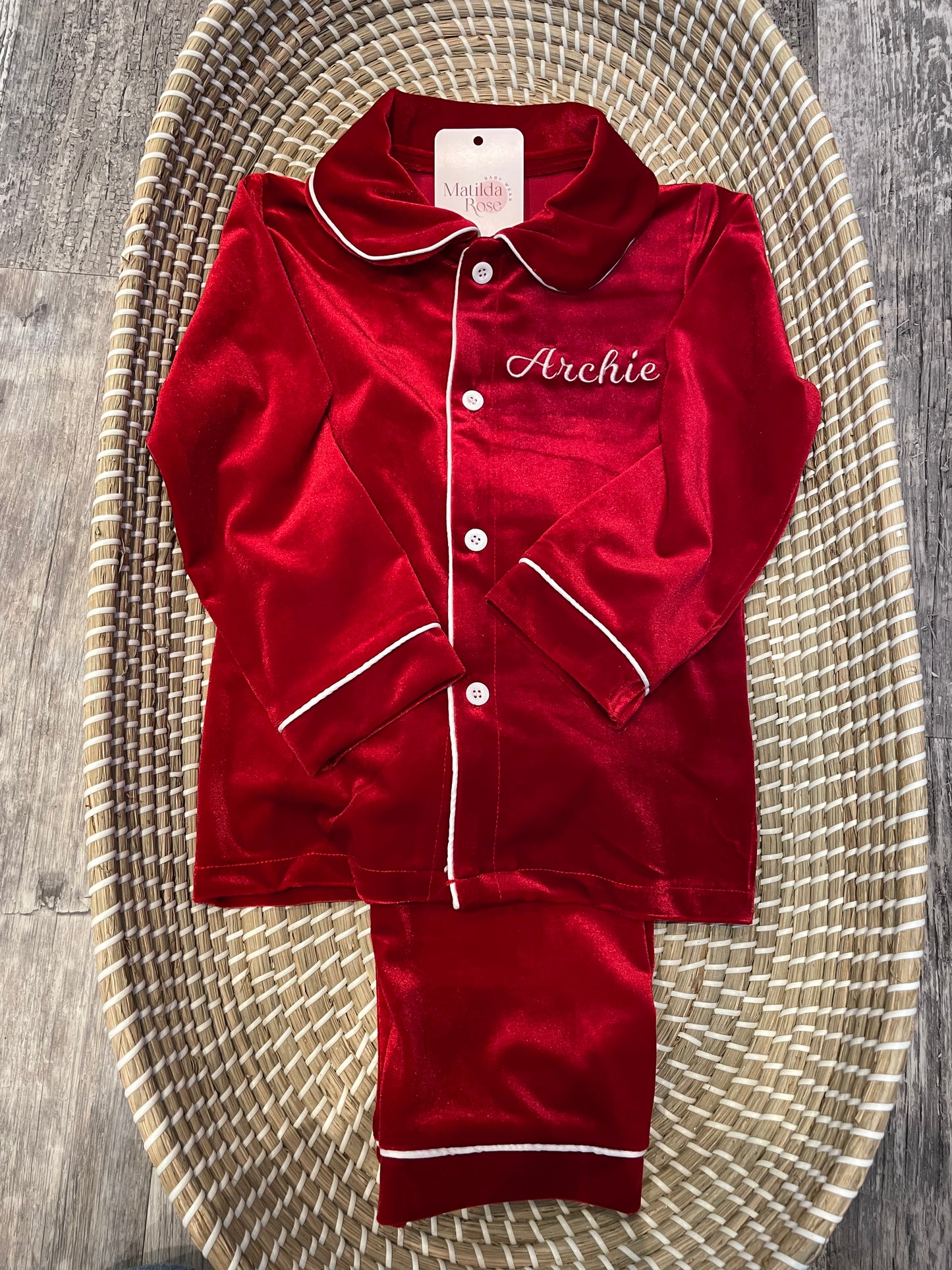 Personalised luxury red velvet boys pyjamas