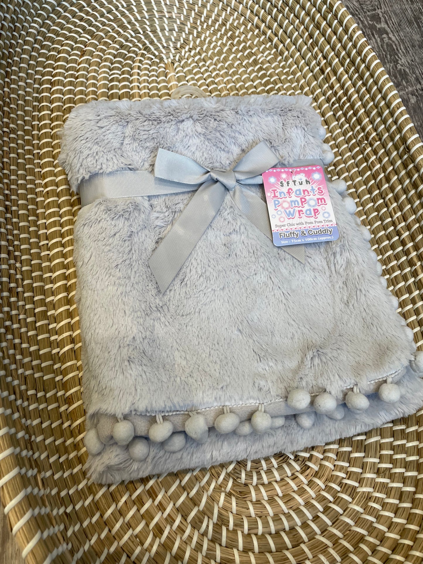 Personalised grey deluxe pom pom baby wrap blanket