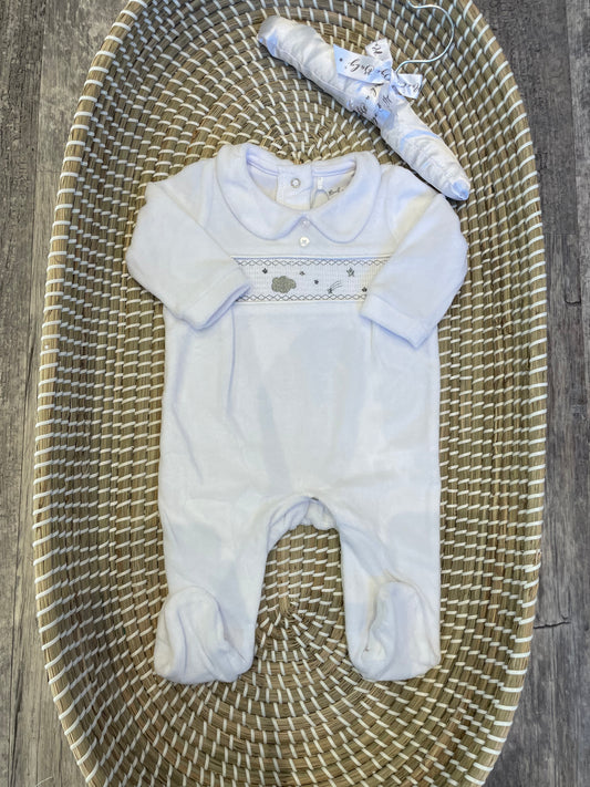 Smocked clouds & stars velour onesie - white