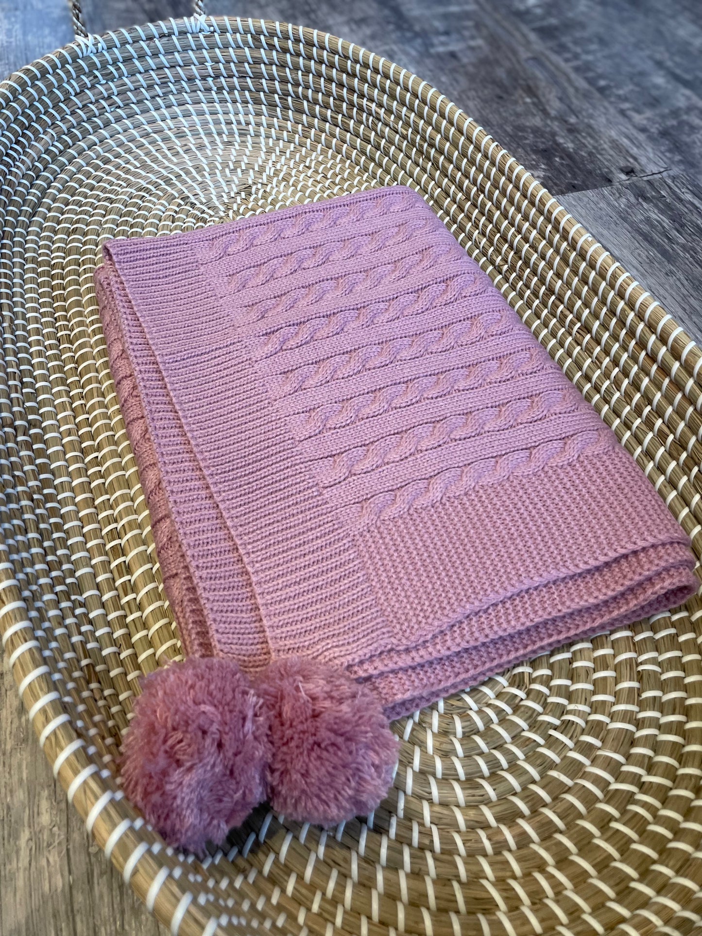 Personalised pink cable knit wrap blanket