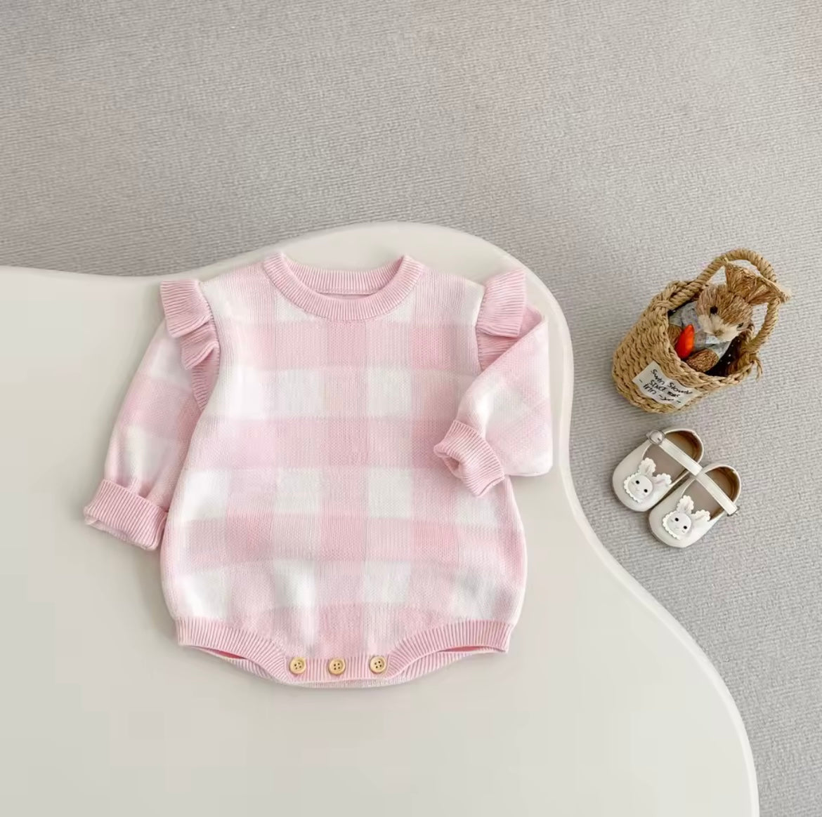 Pink check frill romper
