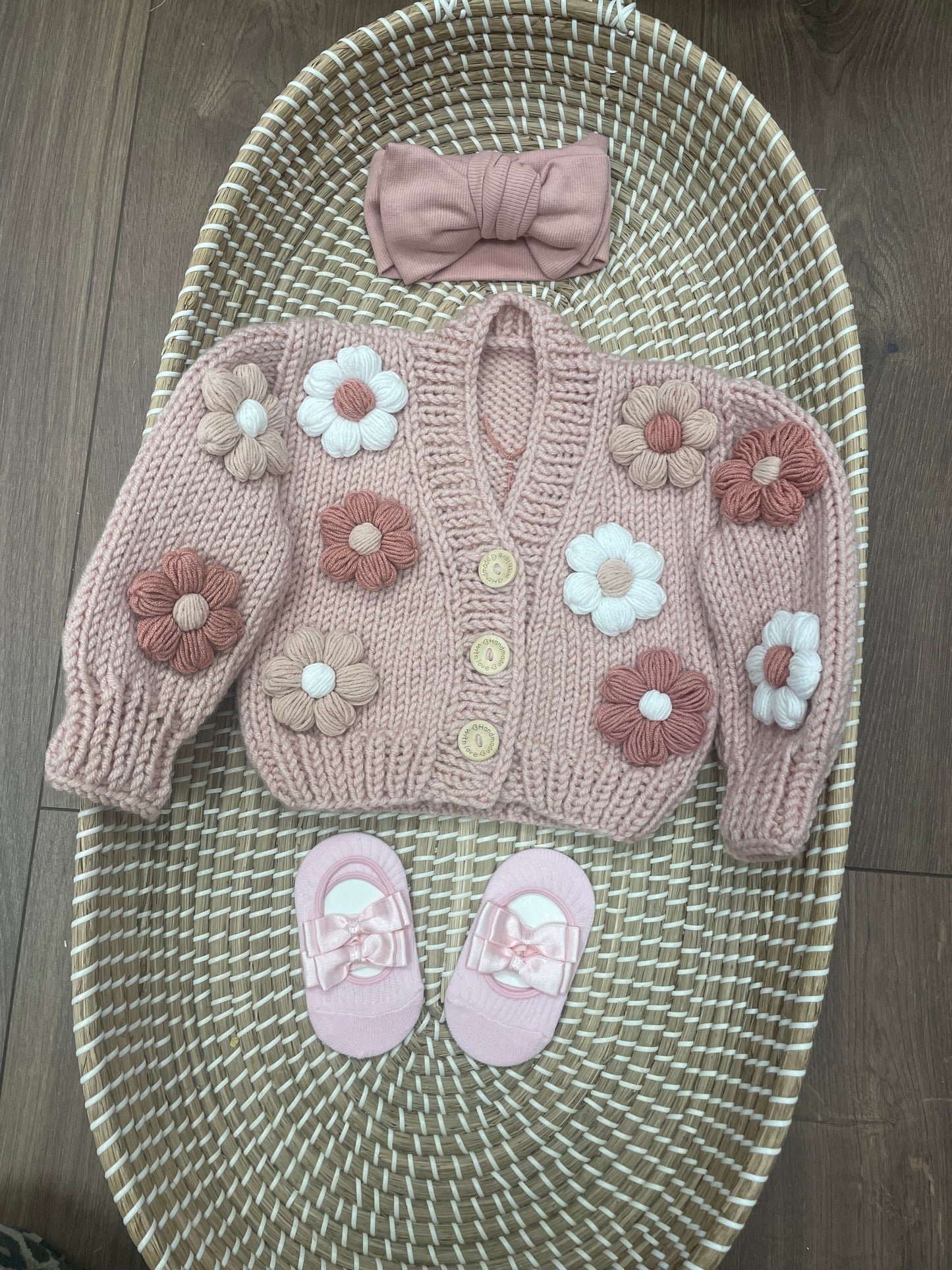 Handmade pink cardigan with pink and white flowers (IN STOCK)