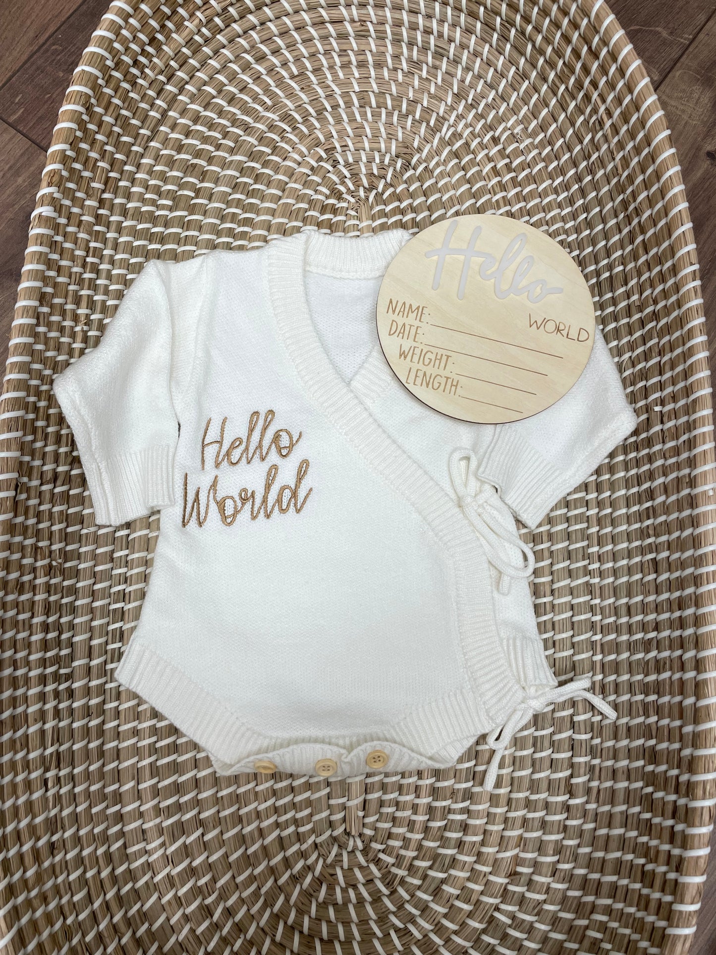 Hello World wooden announcement disc
