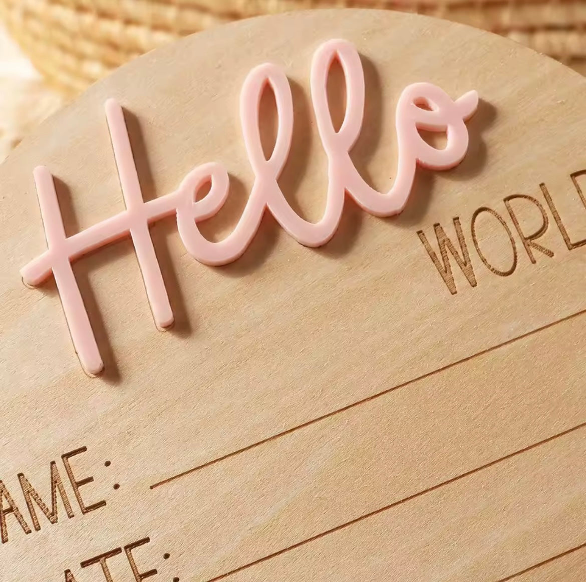 Hello World wooden announcement disc